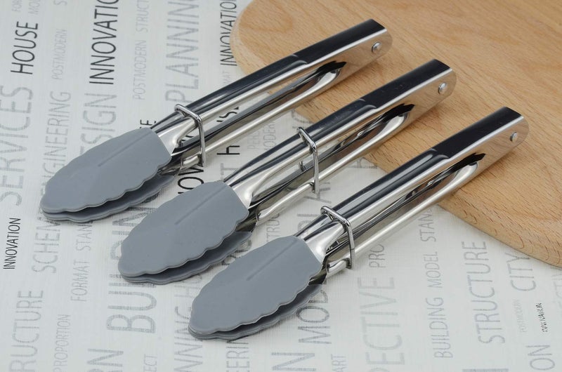 HINMAY Silicone Utility Tong Kitchen Tongs 7 Inch Metal Salad Tongs, Set of 3 (Gray) - Image 4